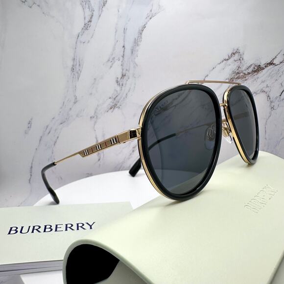 New Burberry Sunglasses Polarized Gold Black Check Arms Aviator Pilot Metal - Picture 10 of 16